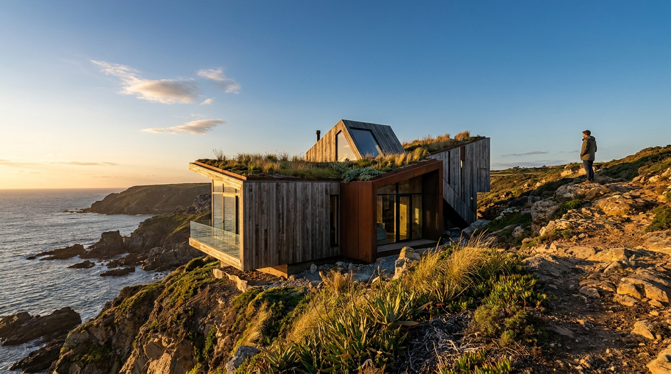 Maison moderne à toit végétal sur une falaise rocheuse surplombant l'océan au coucher du soleil. Une personne observe la vue.