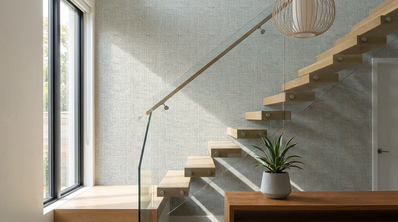 Escalier flottant en bois clair avec garde-corps en verre. Mur tapissé de papier peint texturé bleu-gris sous une fenêtre lumineuse.