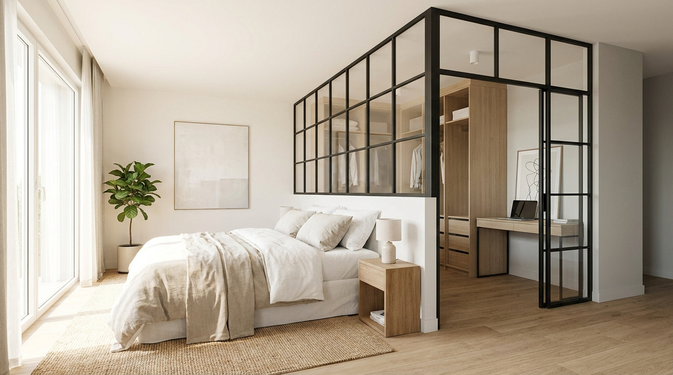 Chambre moderne et lumineuse avec lit double, séparée d'un dressing/bureau par une verrière noire. Décoration épurée.