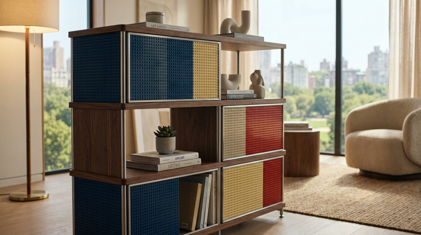 Meuble étagère modulaire en bois et briques LEGO colorées (bleu, jaune, rouge) dans un salon moderne avec vue sur la ville.