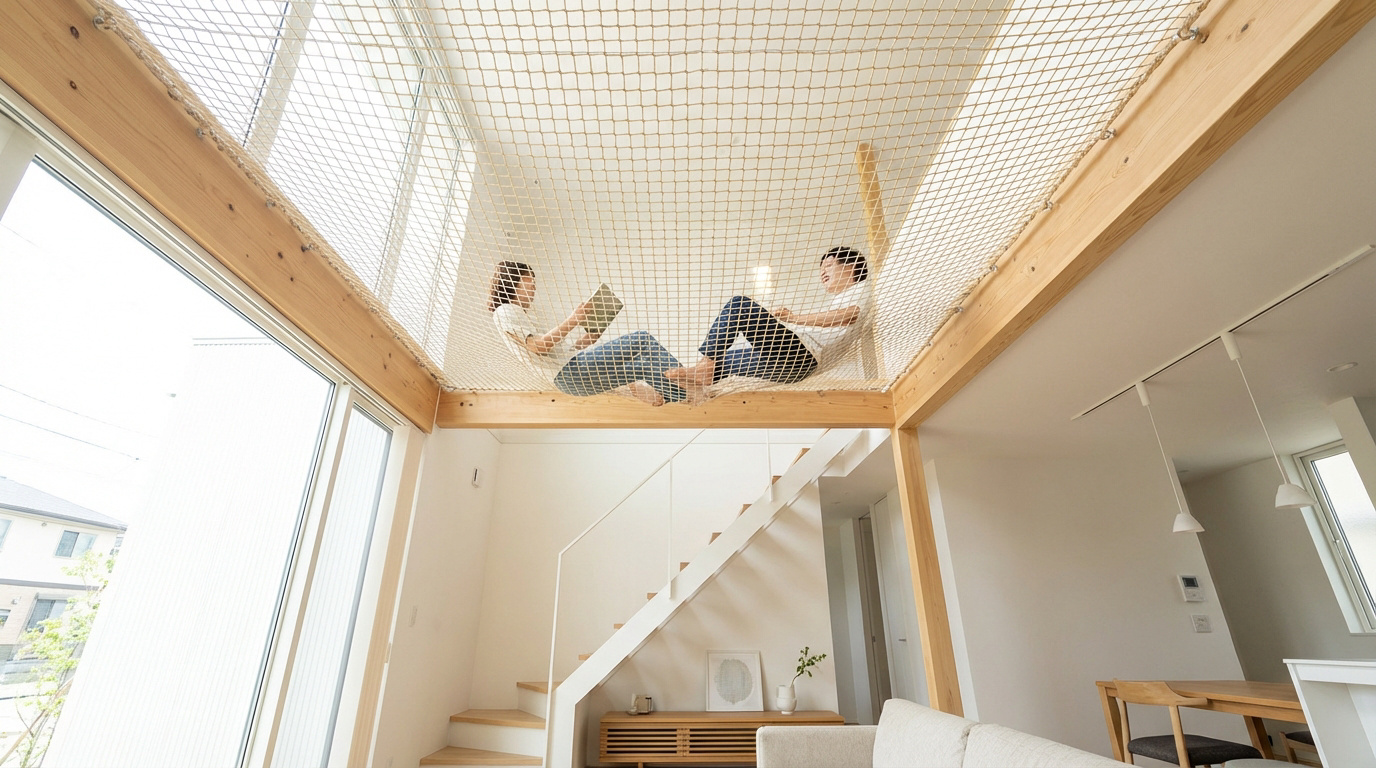 Deux personnes lisent et se détendent sur un filet mezzanine suspendu entre des poutres en bois dans un intérieur moderne et lumineux.
