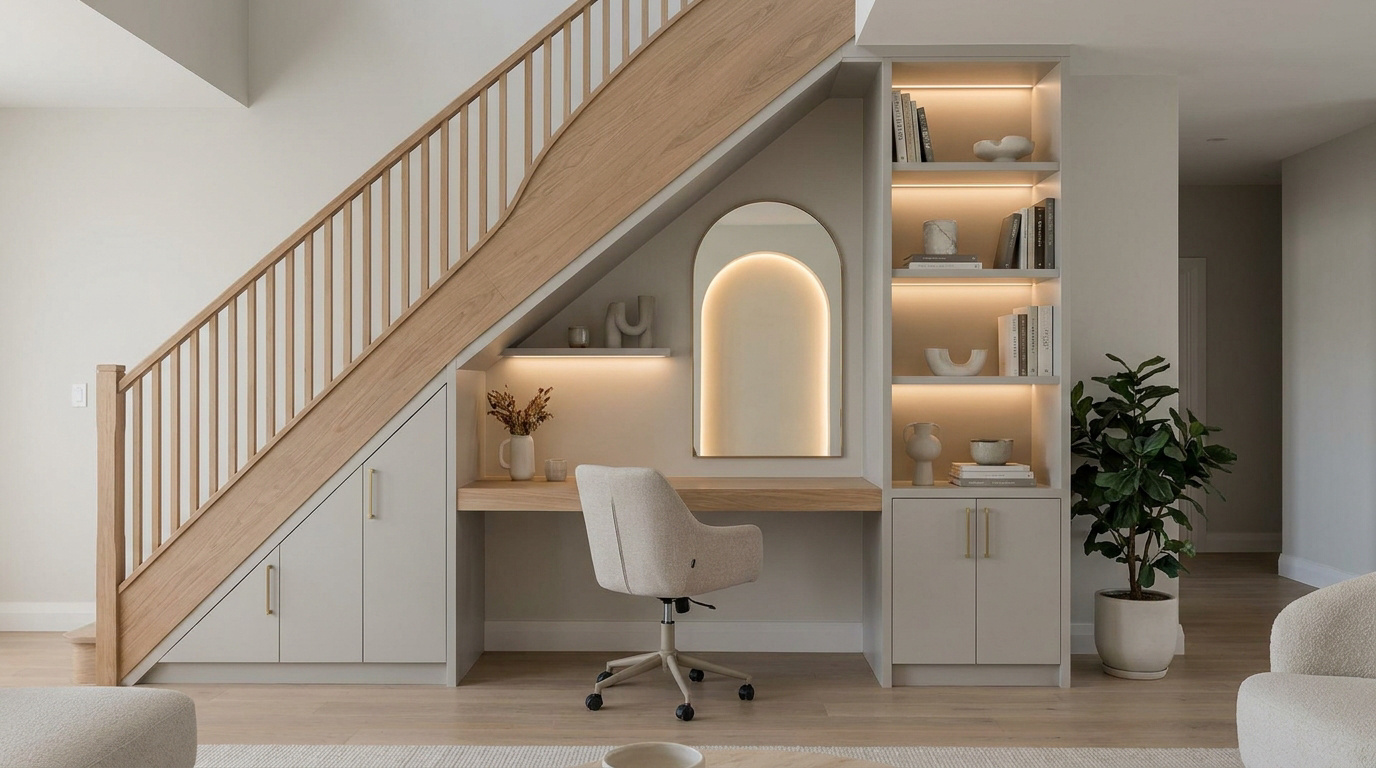 Aménagement moderne sous escalier avec bureau en bois clair, chaise beige, miroir arqué éclairé et étagères lumineuses.