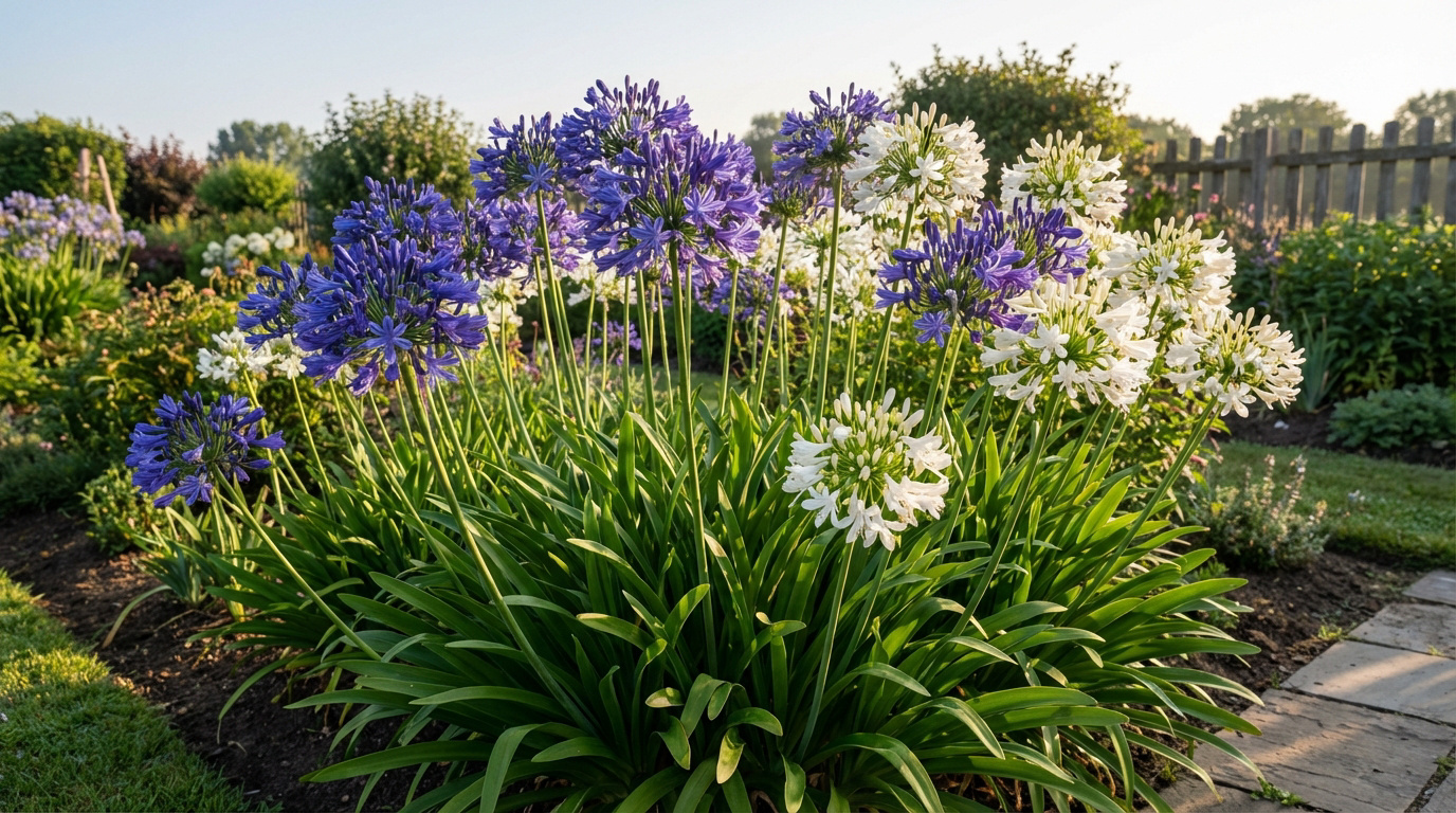 Un parterre d'agapanthes bleues et blanches épanouies, leurs hautes tiges vertes et leurs feuilles luxuriantes sous le soleil.