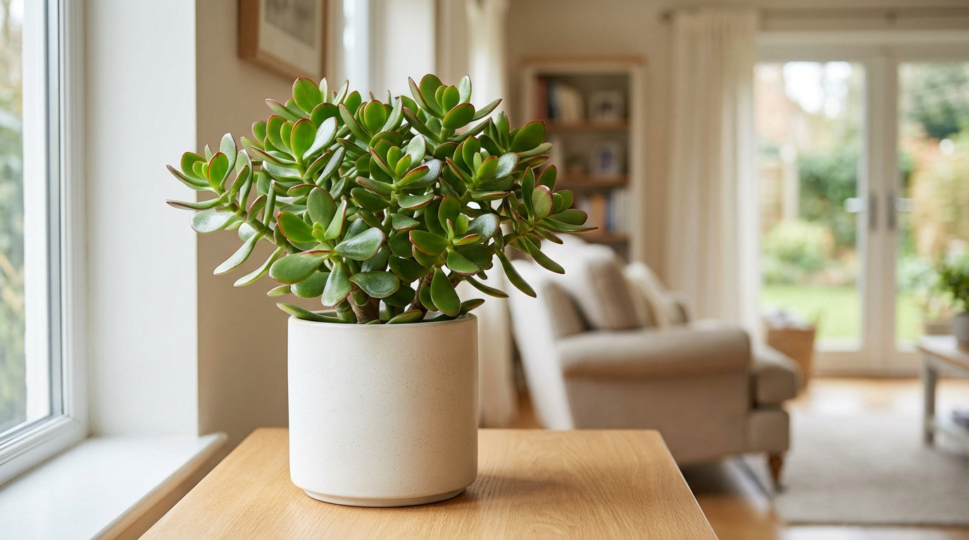 Gros plan sur un arbre de jade aux feuilles vertes et charnues dans un pot clair, posé sur une surface en bois dans une pièce ensoleillée.