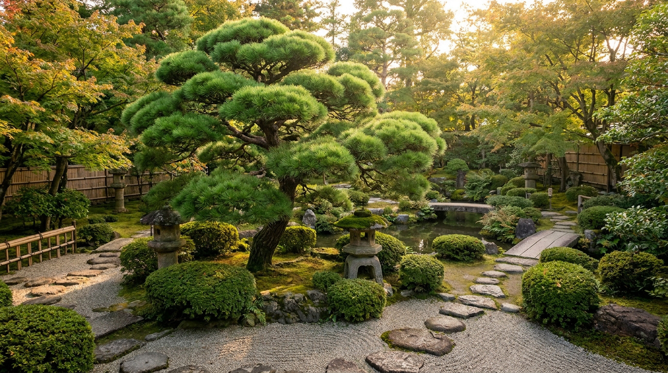 Jardin japonais luxuriant avec un grand pin Niwaki sculpté, allées de gravier, lanternes en pierre et étang, sous un soleil doux.