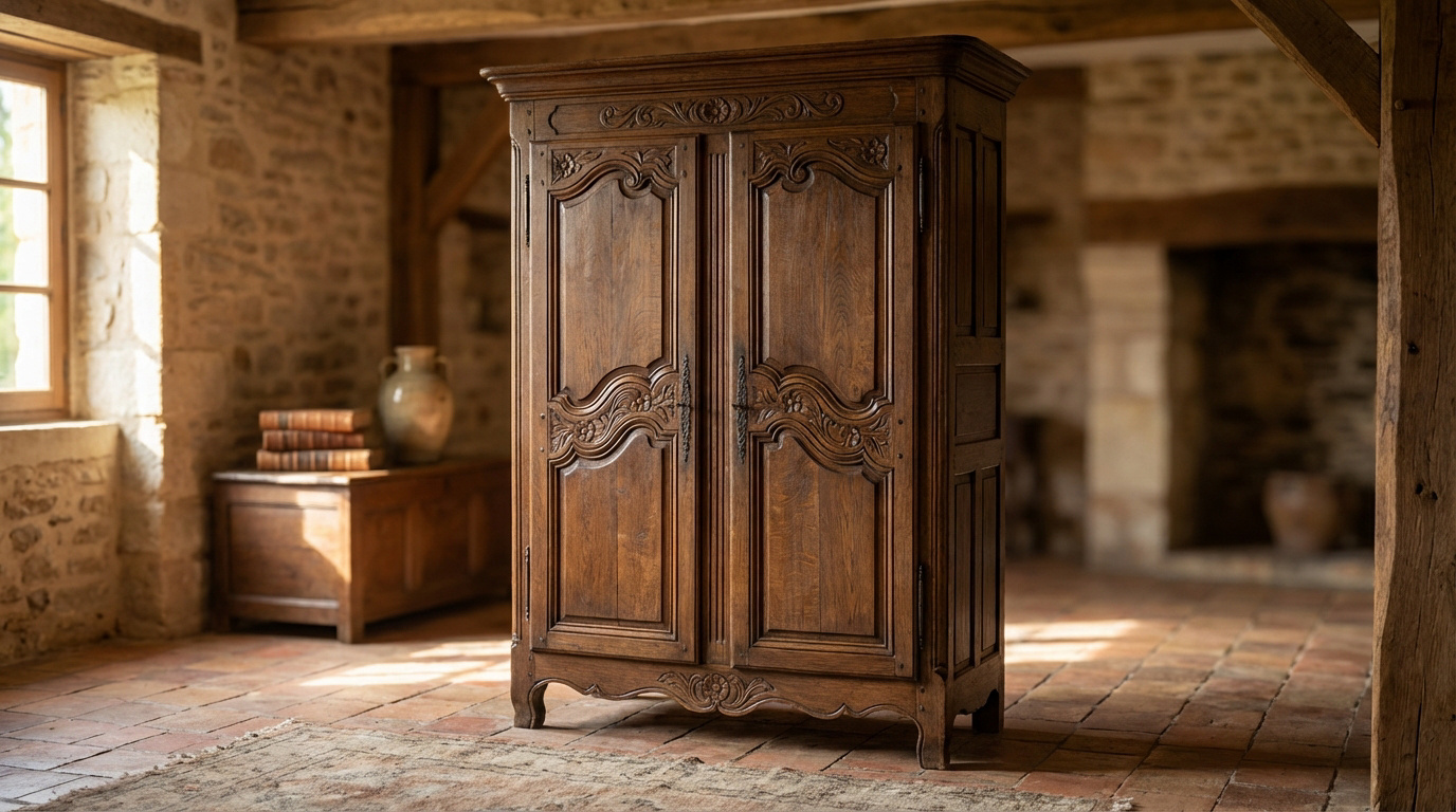 Grande armoire normande en bois foncé sculpté dans une pièce rustique aux murs de pierre et sol en tomettes. Lumière naturelle.