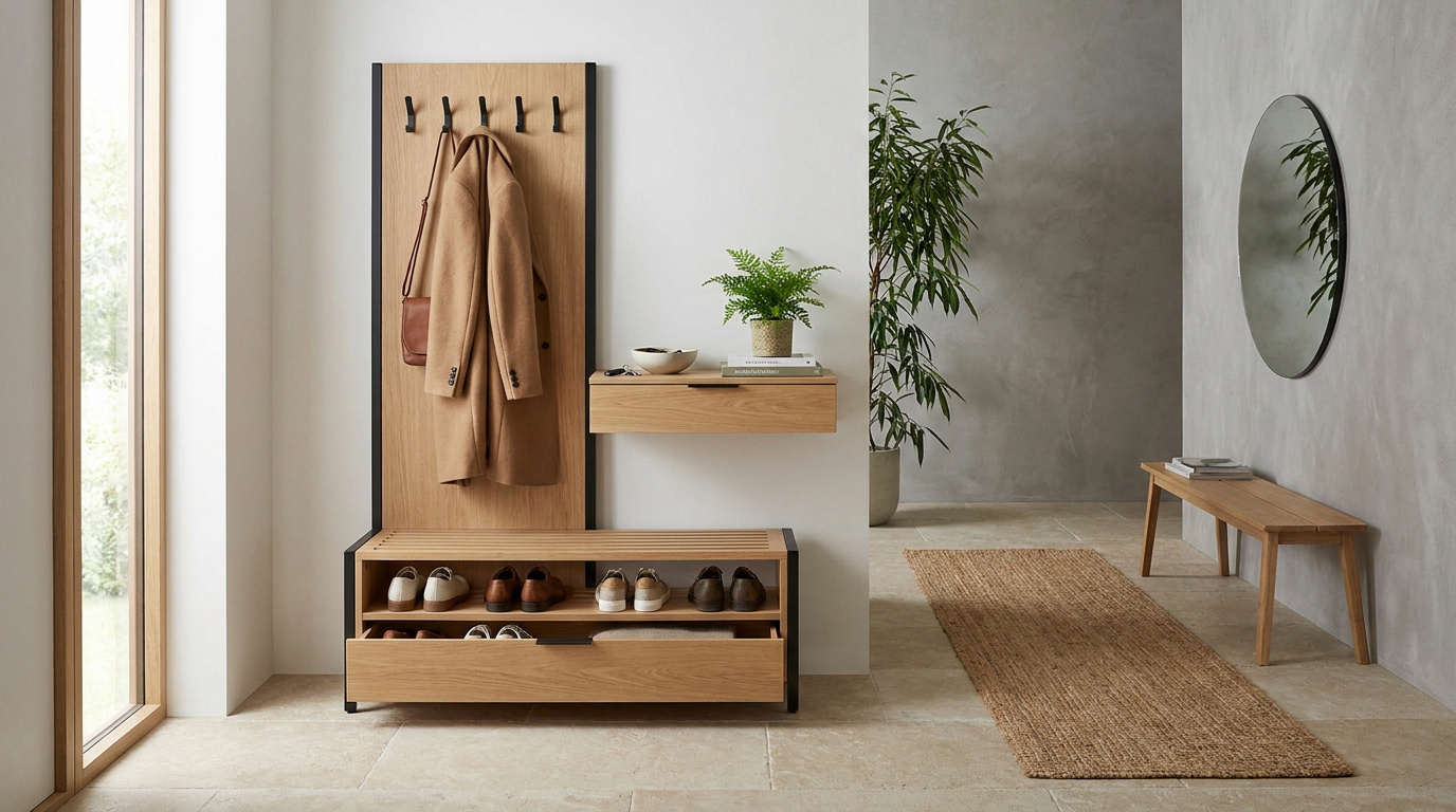 Entrée moderne avec meuble mural en bois clair intégrant patères, étagère flottante et banc range-chaussures. Un miroir rond et des plantes.