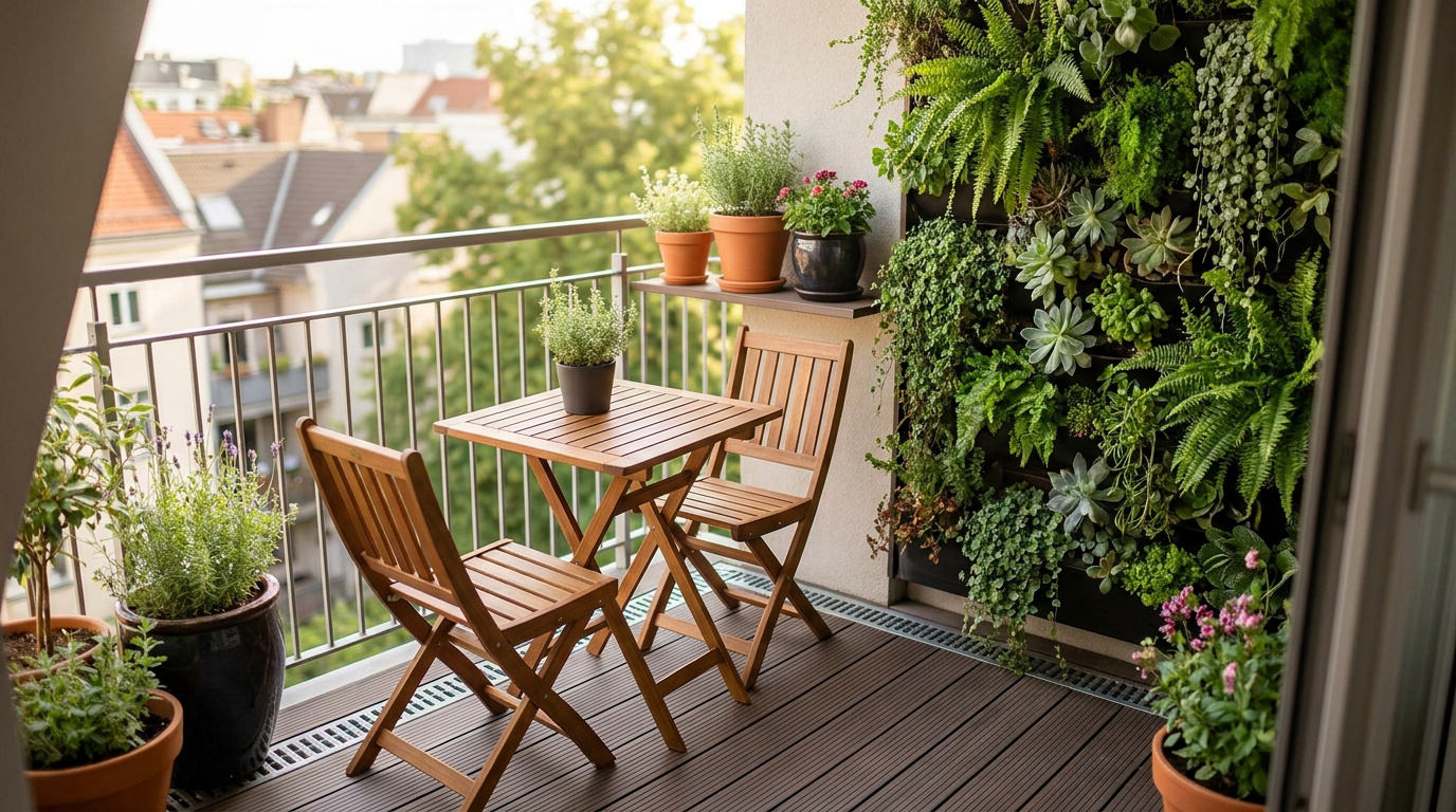 Balcon compact avec mur végétal, table et chaises pliantes en bois, et plantes en pots. Vue sur la ville en arrière-plan.
