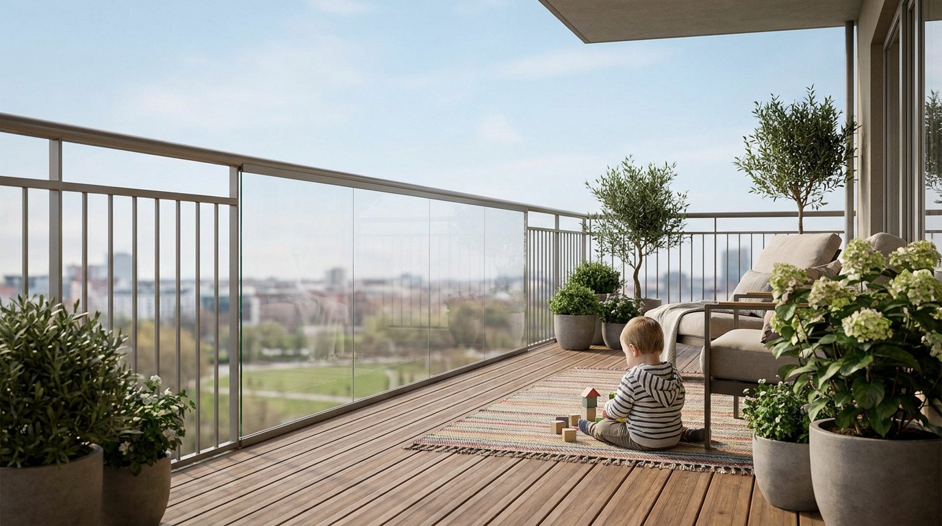 Enfant jouant sur un balcon sécurisé avec garde-corps vitré et métallique, plantes, salon de jardin et vue sur la ville.