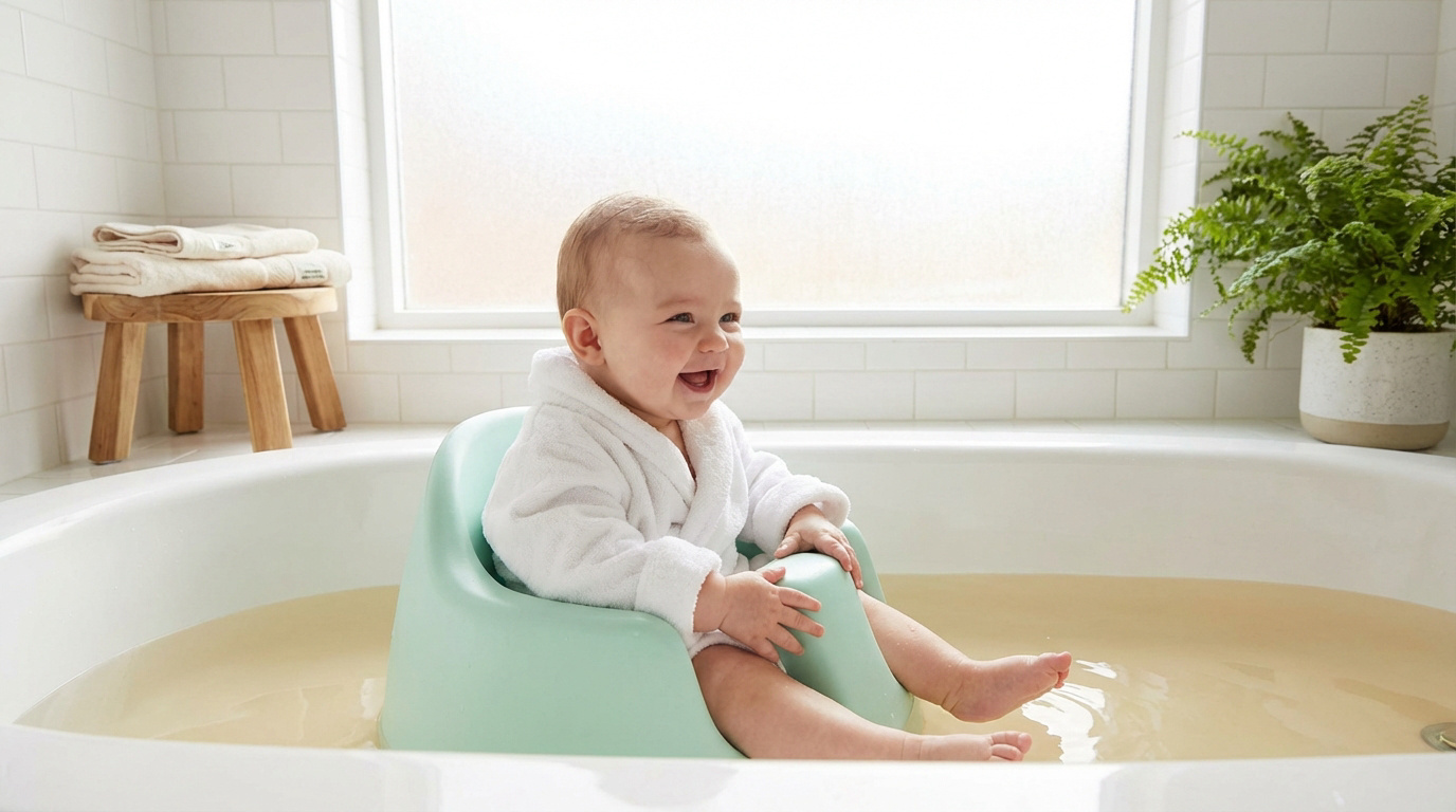 Bébé joyeux en peignoir blanc dans un transat de bain vert pâle, baignoire lumineuse avec serviettes et plante.