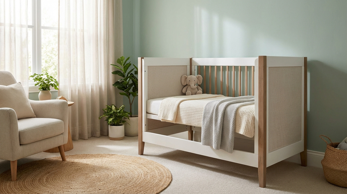 Chambre de bébé lumineuse avec un lit en bois clair et tissu blanc, un doudou éléphant, un fauteuil confortable et des plantes.