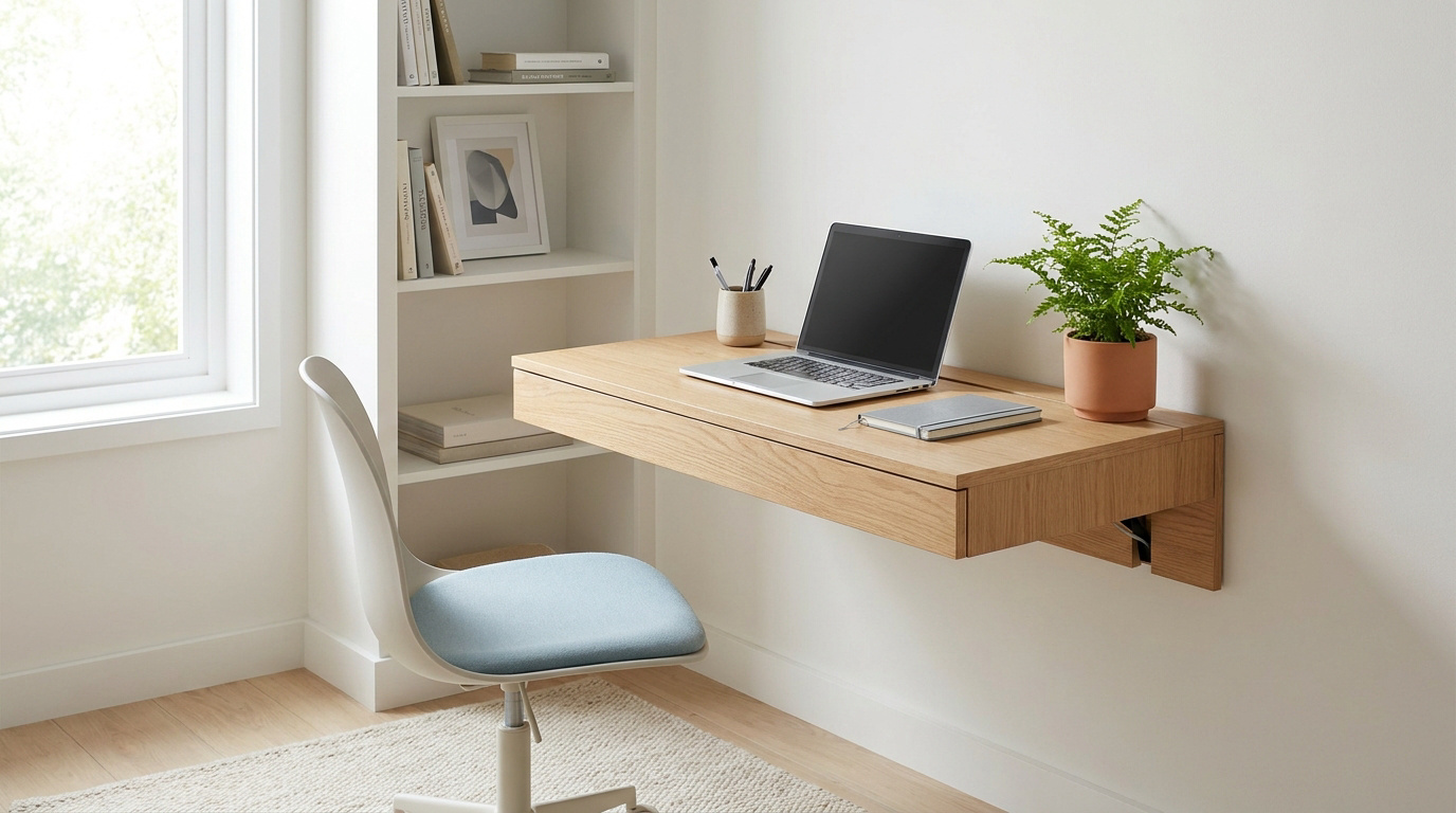 Un bureau flottant en bois clair avec un ordinateur portable, une plante et une chaise ergonomique dans un espace lumineux.