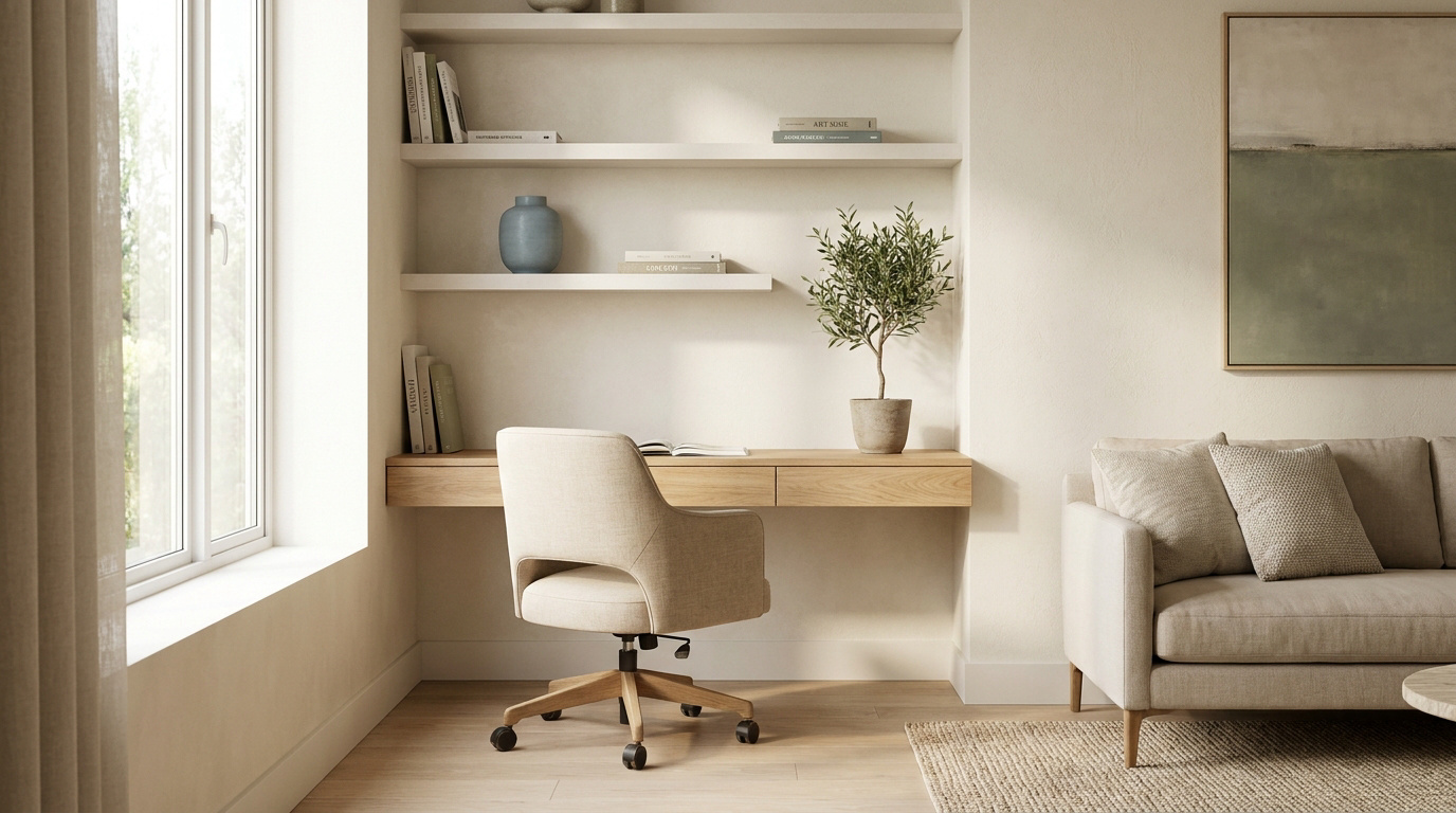Coin bureau-salon moderne et lumineux. Bureau en bois flottant, chaise beige, étagères murales avec livres et plante. Canapé clair et tableau.
