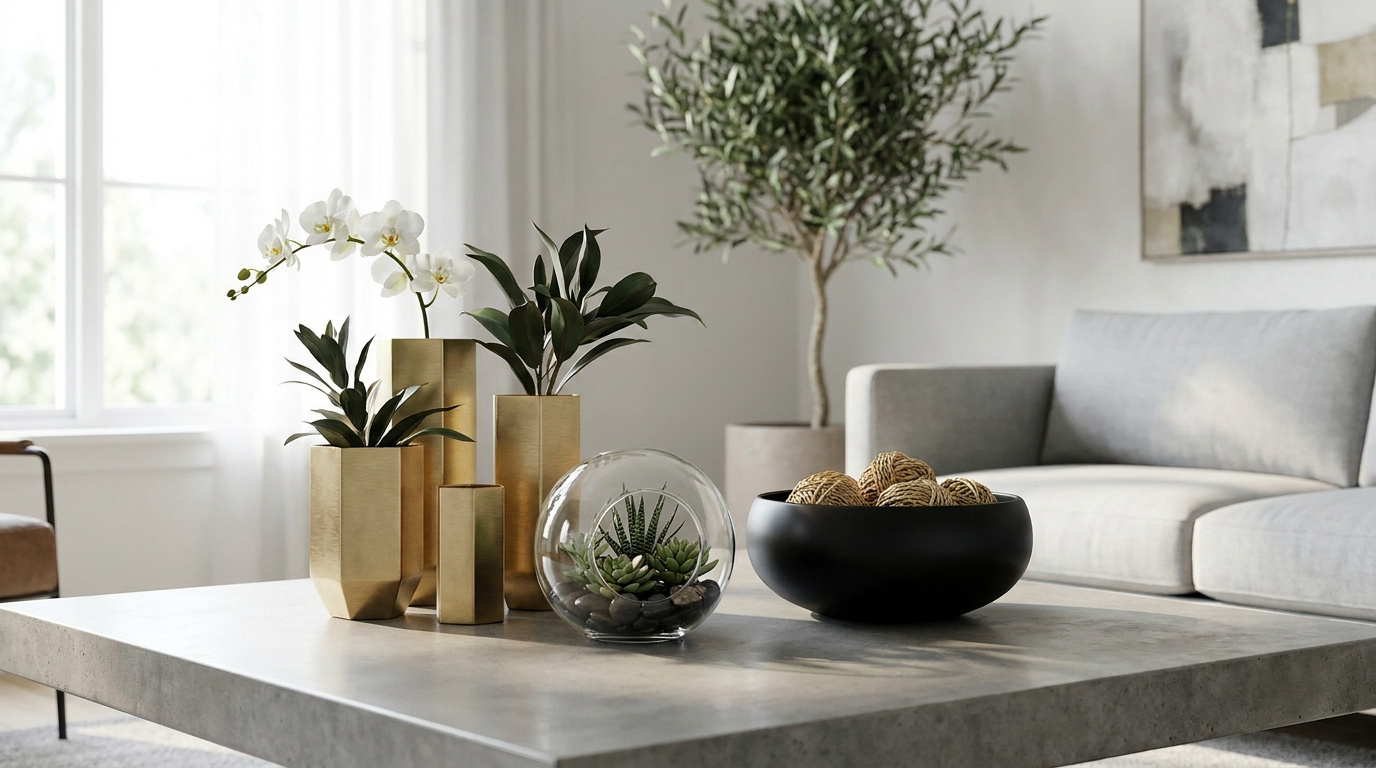 Table basse en béton décorée de vases dorés, plantes, orchidées blanches, terrarium, et un bol noir dans un salon moderne.