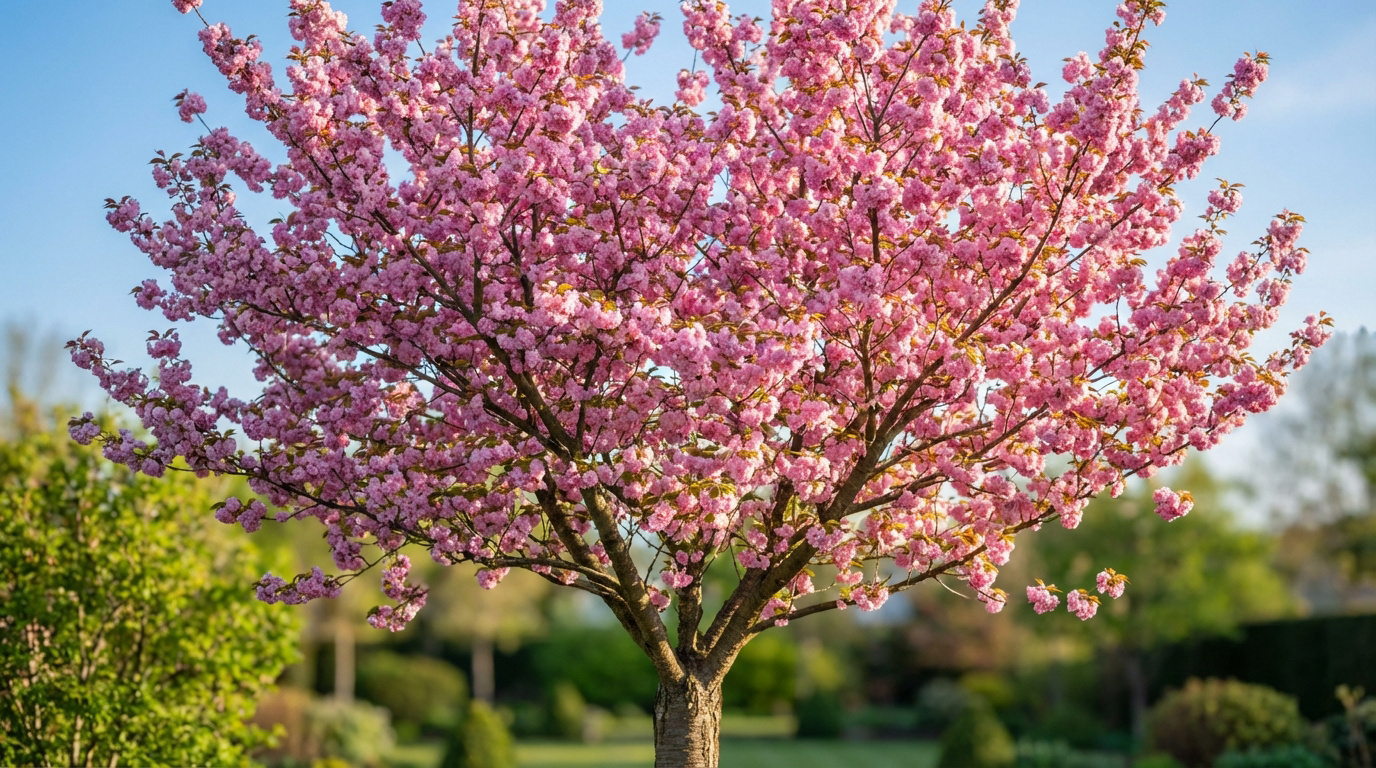 Un magnifique cerisier en fleurs avec des milliers de fleurs roses sous un ciel bleu clair, au milieu d'un jardin printanier.