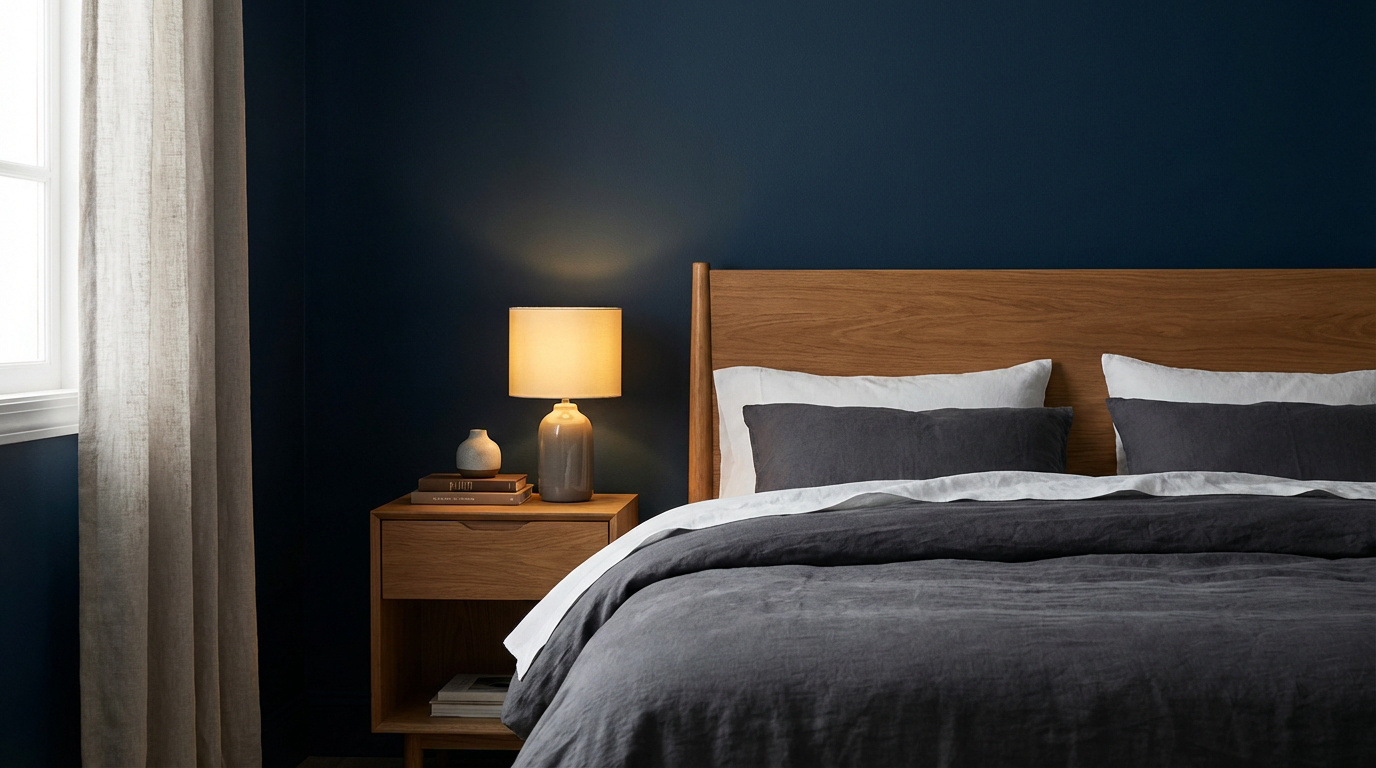 Chambre moderne avec mur bleu nuit, lit en bois, literie grise et blanche, table de chevet avec lampe allumée et rideau clair.