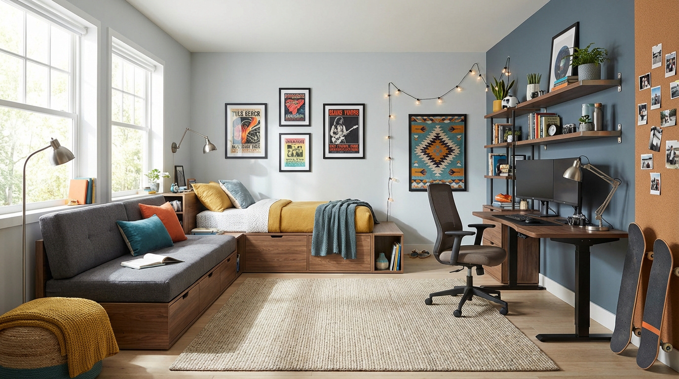 Une chambre d'ado contemporaine avec lit, canapé, bureau réglable double écran, étagères murales et grandes fenêtres.