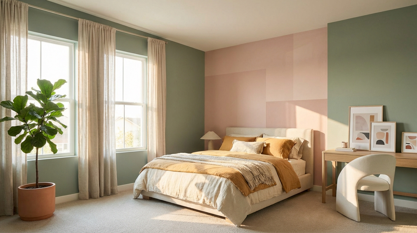 Chambre ado lumineuse avec murs vert sauge et rose géométrique, lit confortable, bureau et plante verte.