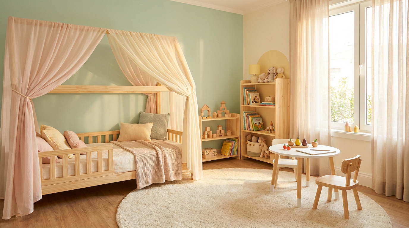 Intérieur de chambre d'enfant avec lit à baldaquin en bois clair, étagères Montessori, petite table et chaises, ambiance douce et autonome.