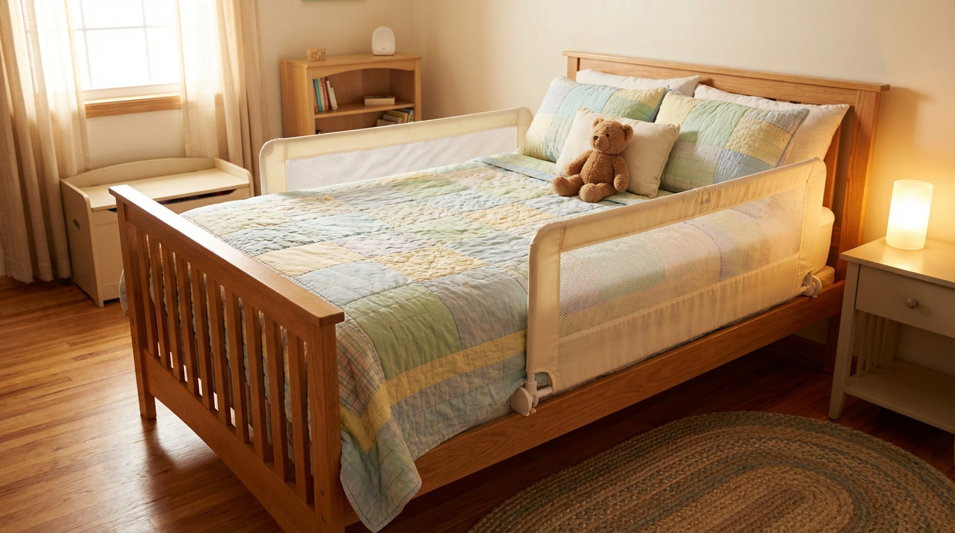 Lit en bois clair avec couette patchwork et deux barrières de lit blanches en maille pour enfant. Un ours en peluche est sur l'oreiller.