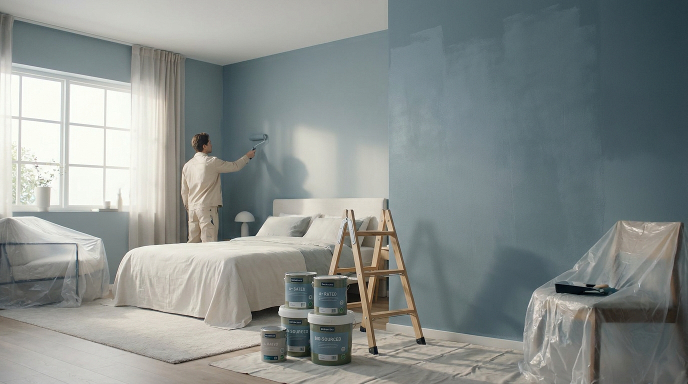 Un homme peint un mur de chambre en bleu-gris avec un rouleau. La pièce est en cours de rénovation, avec meubles protégés.
