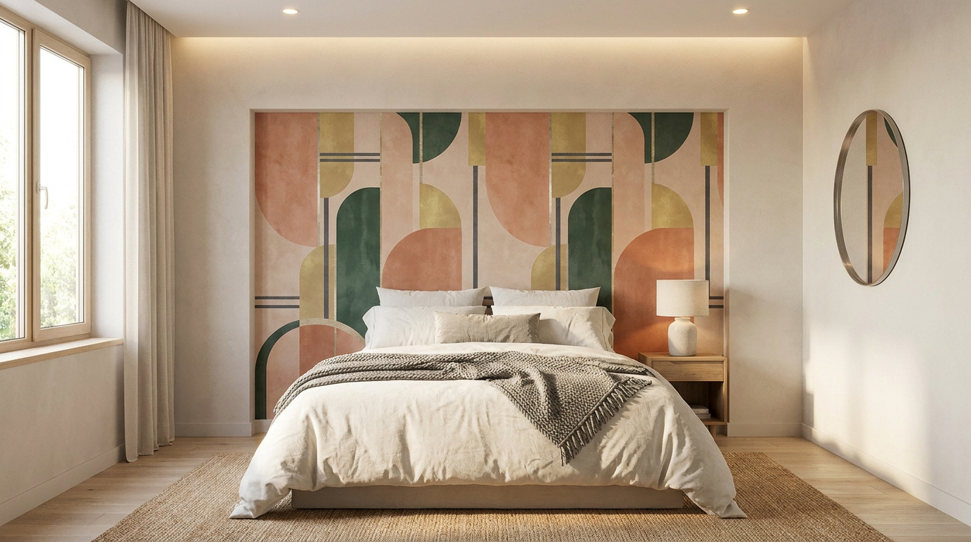 Chambre lumineuse avec un grand lit blanc devant une tête de lit en papier peint aux motifs géométriques rose, vert et or.