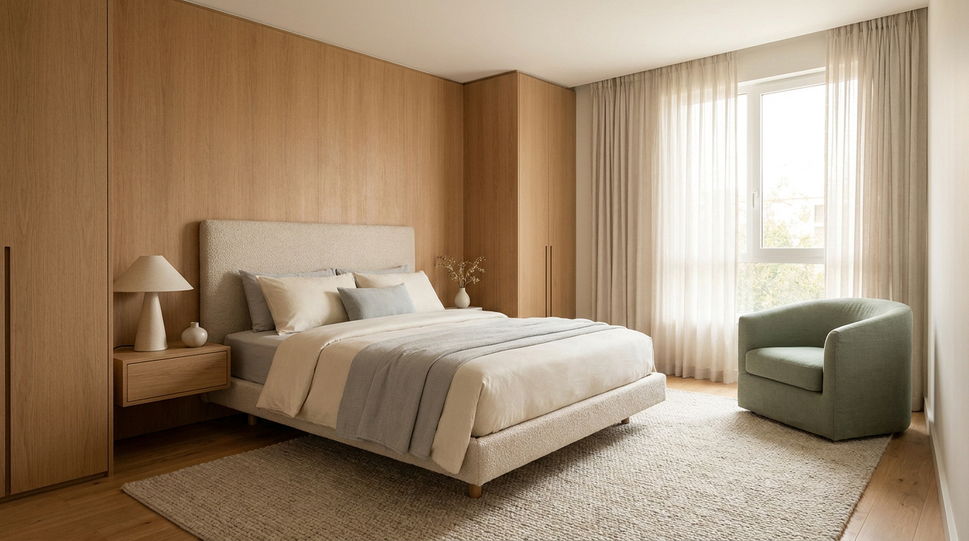 Chambre moderne et lumineuse avec lit beige, mobilier en bois clair intégré, tapis, fauteuil vert et grande fenêtre avec voilages.