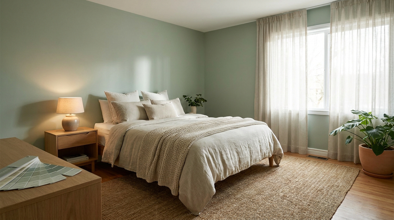 Chambre aux murs vert clair, lit beige, table de chevet en bois avec lampe, tapis en jute, rideaux clairs et plantes vertes.