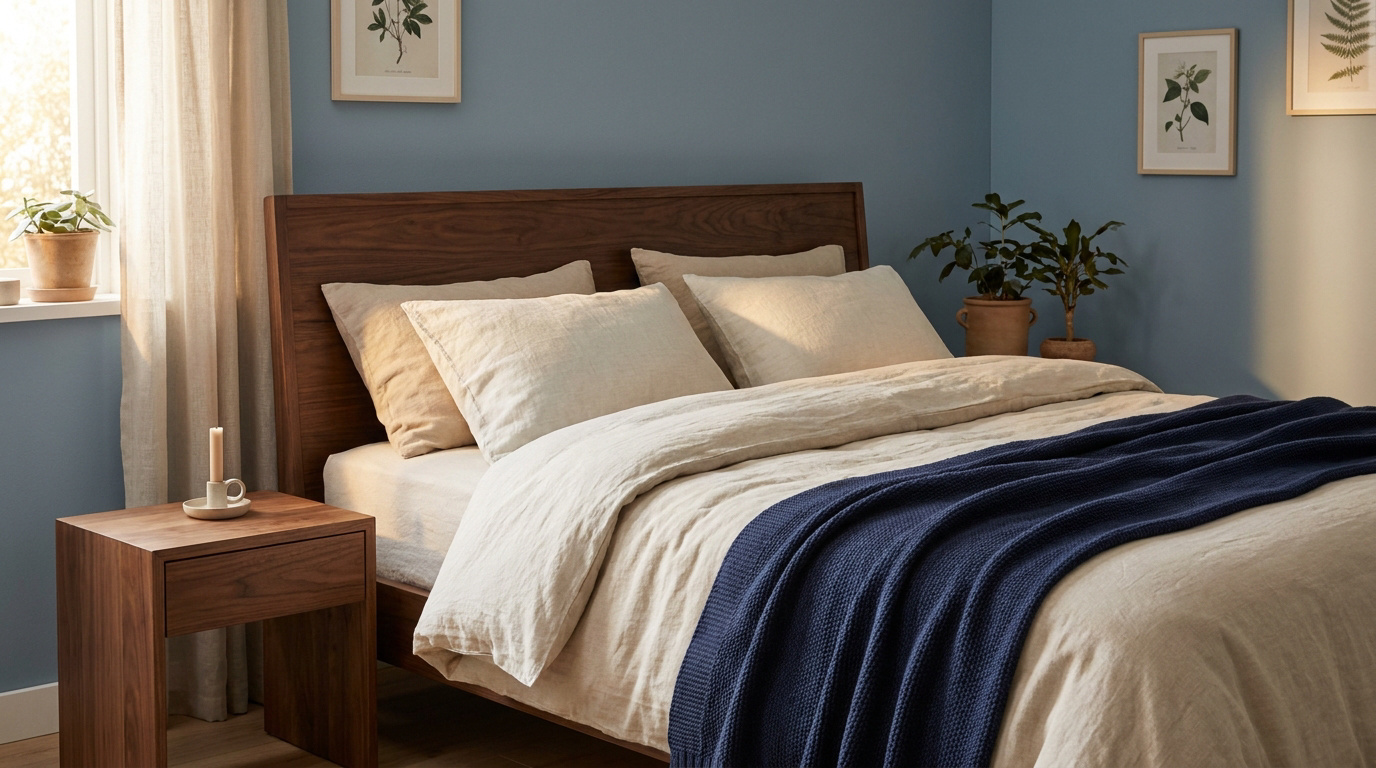 Chambre parentale avec lit en bois, linge de lit en lin clair, plaid bleu marine, murs bleus et plantes.