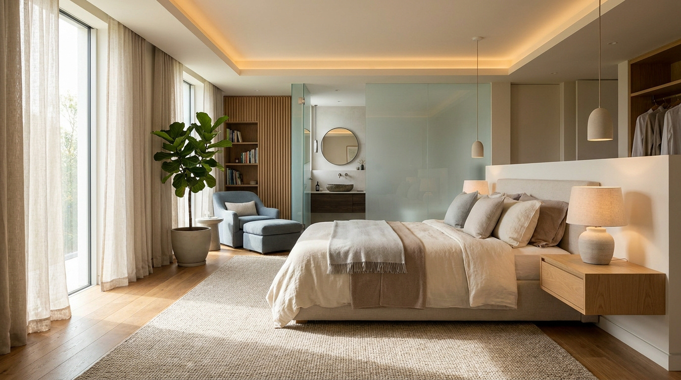 Chambre parentale lumineuse et moderne avec grand lit, fauteuil, plante, salle de bain ouverte et dressing intégré.