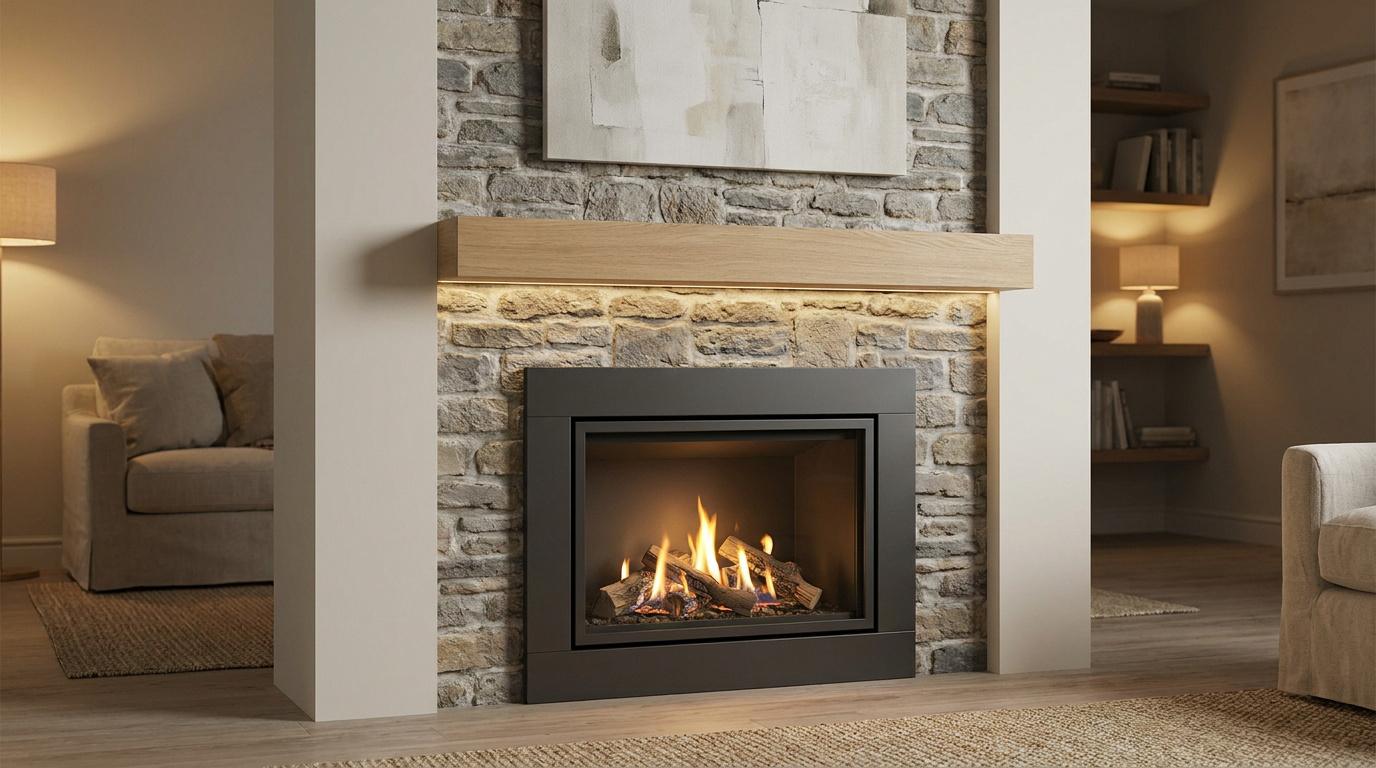 Cheminée moderne encastrée dans un mur en pierres, avec manteau en bois clair lumineux, flammes vives dans un salon élégant.