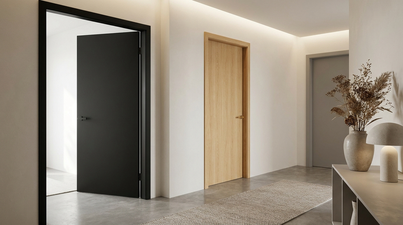 Couloir moderne lumineux montrant trois portes intérieures de différentes couleurs: noire, bois clair et grise. Décoration épurée.