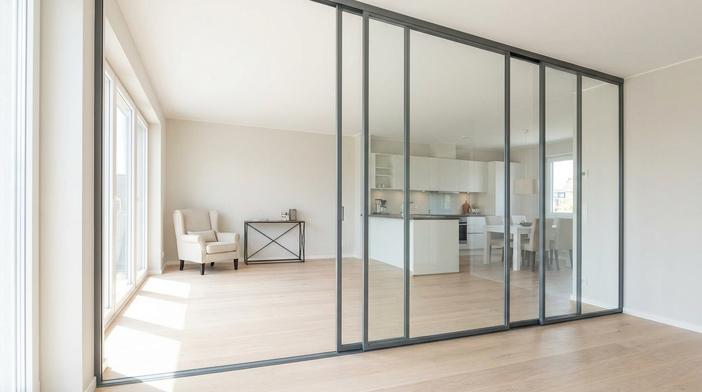 Cloison verrière coulissante avec cadre gris séparant un salon lumineux d'une cuisine ouverte et salle à manger moderne.