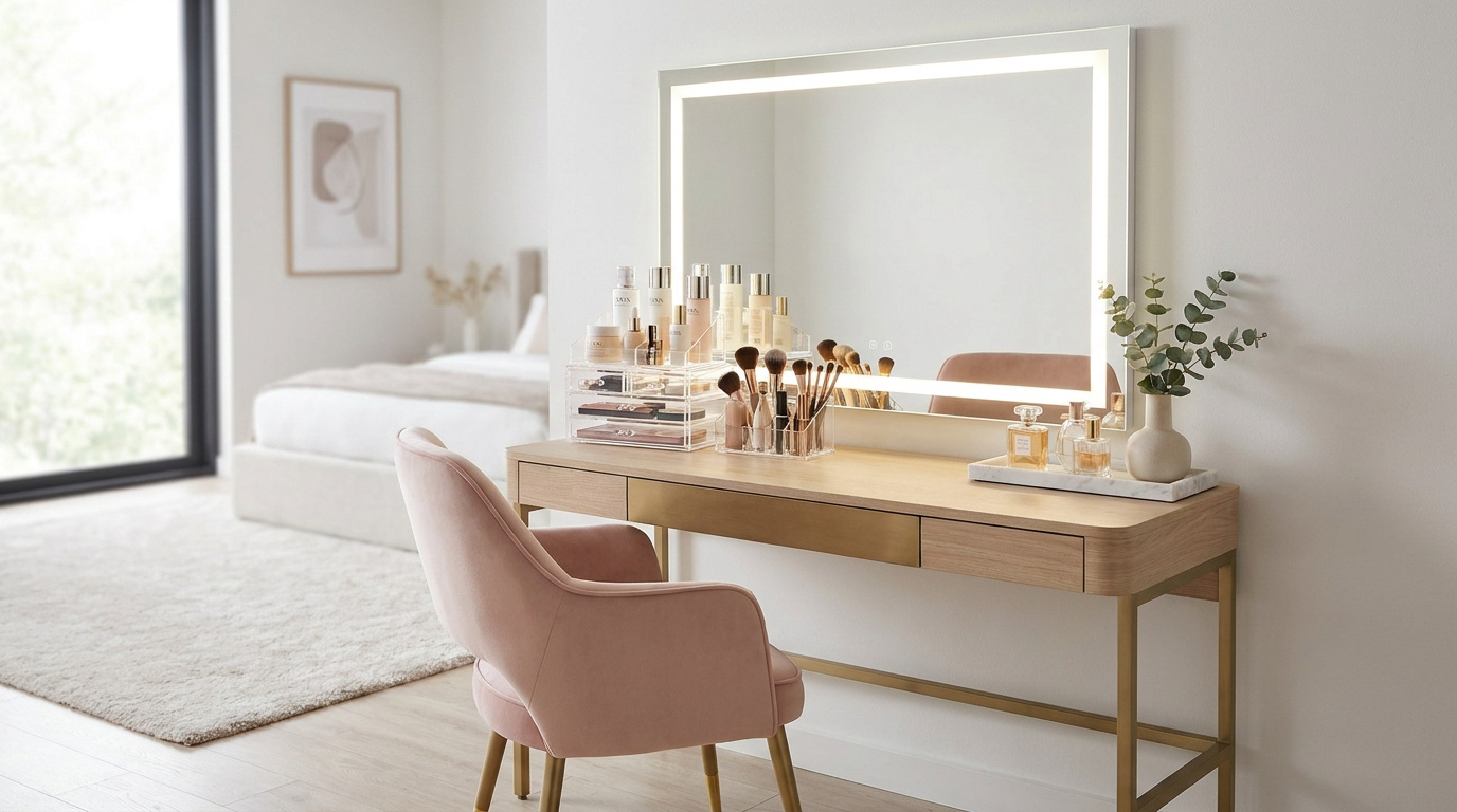 Coiffeuse en bois clair avec miroir lumineux, maquillage organisé, parfums et chaise velours rose dans une chambre lumineuse.