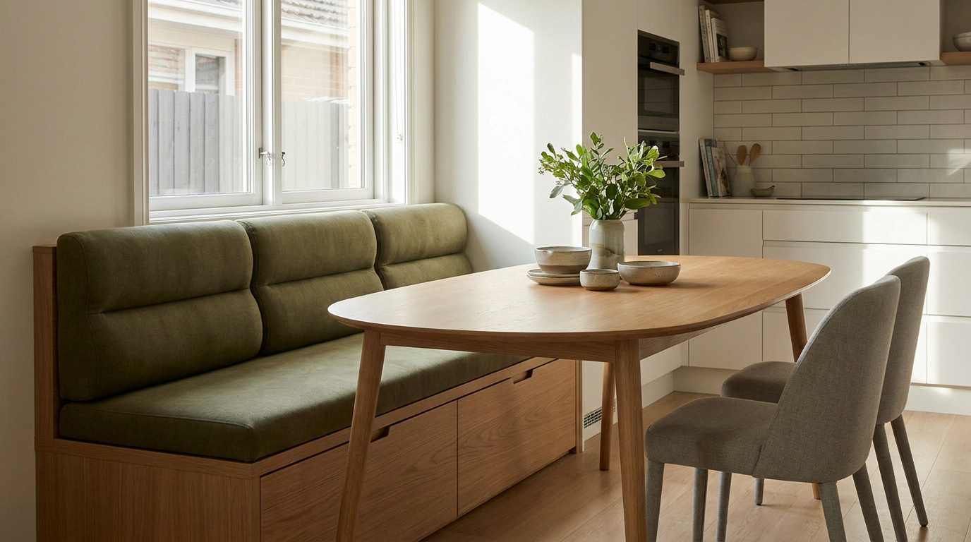 Coin repas lumineux avec banquette intégrée en bois et coussins vert olive, table ovale et chaises grises, devant une cuisine moderne.