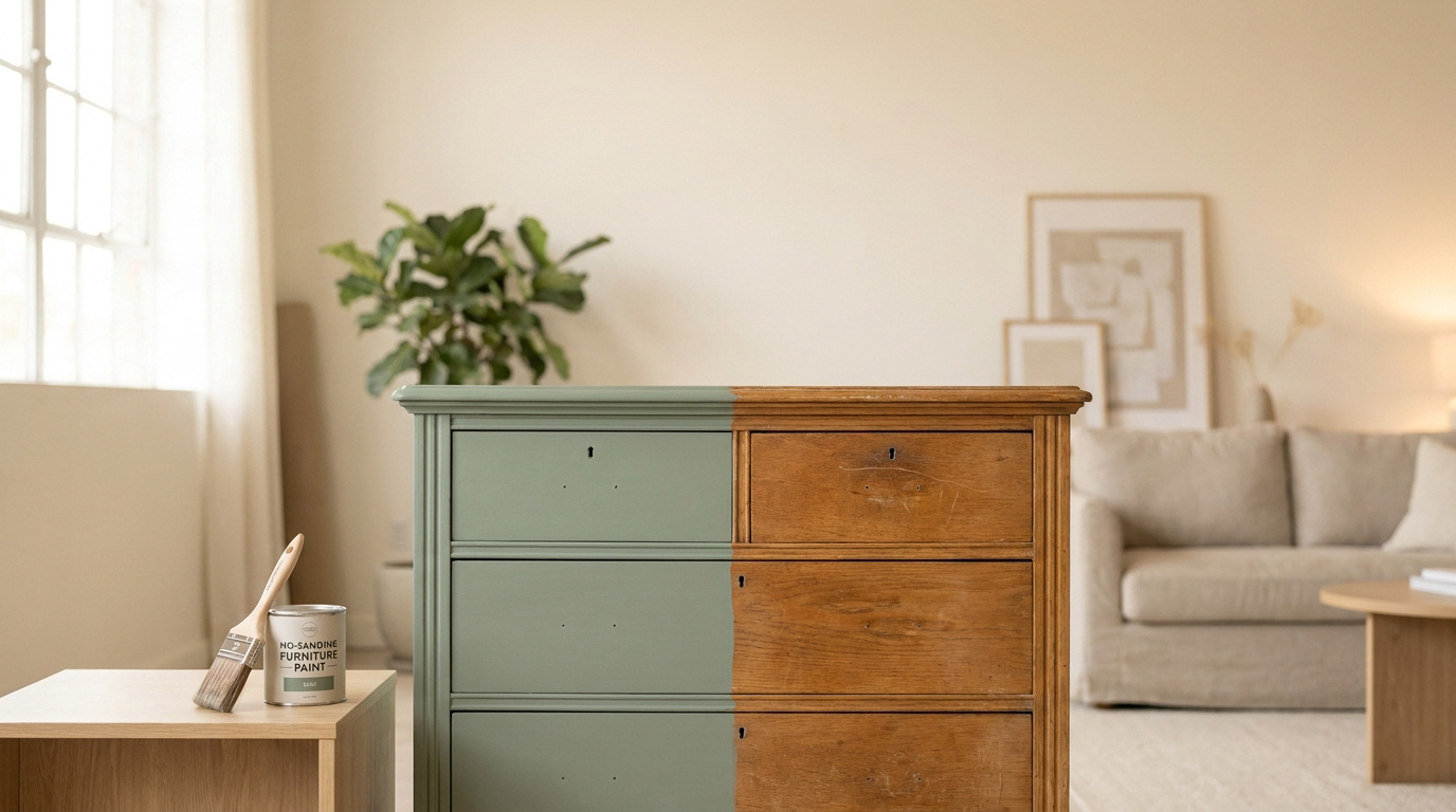Commode ancienne à moitié peinte en vert sauge et à moitié en bois brut, montrant une rénovation de meuble. Pot de peinture et pinceau à côté.