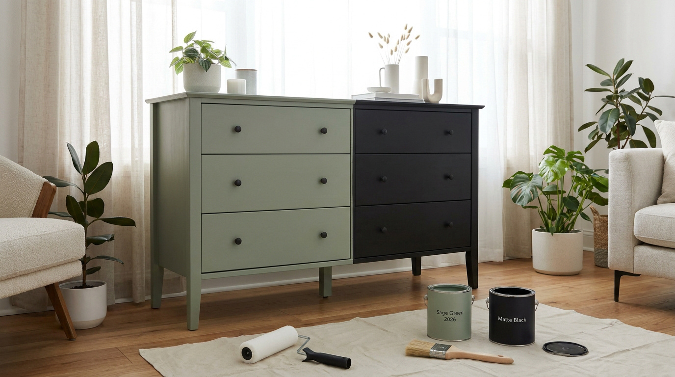 Une commode bicolore (vert sauge et noir mat) dans un salon, avec pots de peinture et outils pour un relooking de meuble tendance 2026.