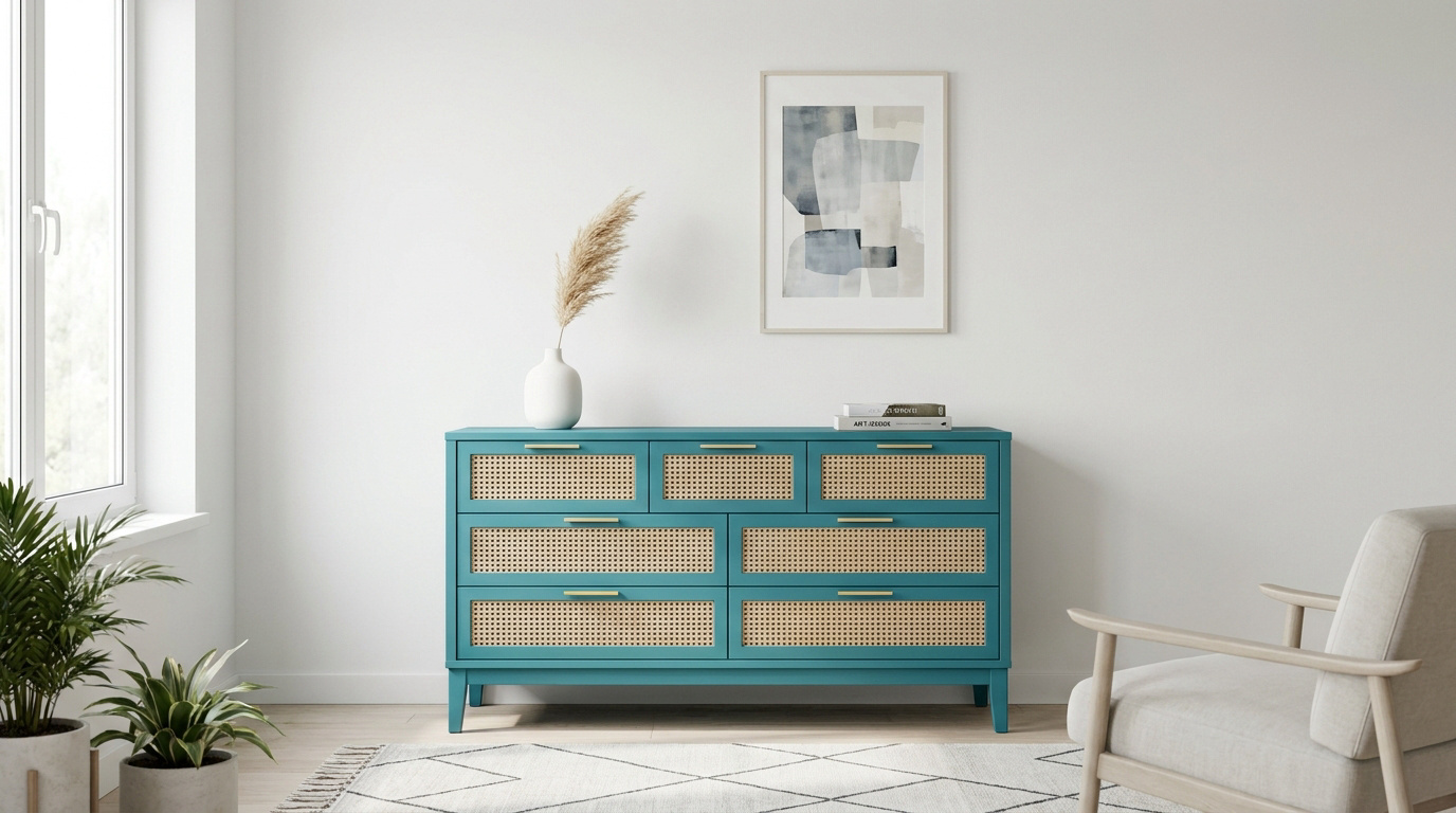 Commode bleu canard relookée avec cannage, poignées dorées. Intérieur moderne et lumineux avec plantes, fauteuil clair et tableau.