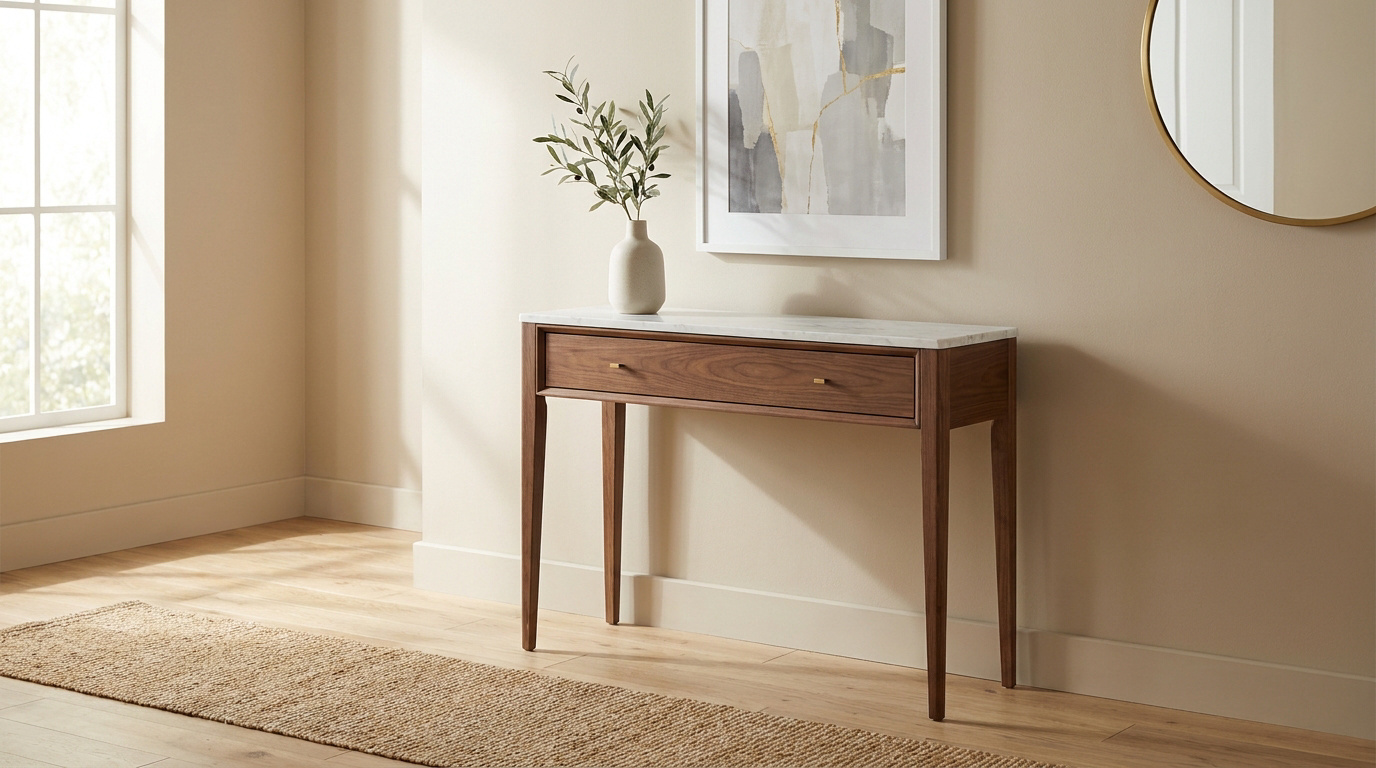 Console en bois et marbre avec vase, tableau abstrait et miroir rond, dans une entrée lumineuse au sol parqueté et tapis en jute.