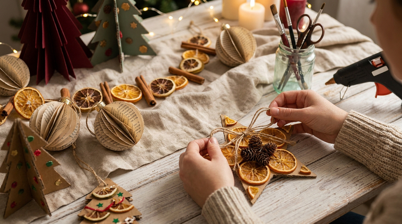 Mains décorant une étoile de Noël DIY avec des oranges séchées et pommes de pin, sur une table remplie de décorations écologiques.