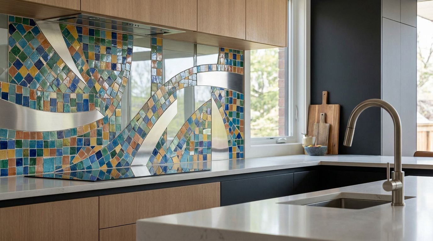 Crédence de cuisine moderne en mosaïque colorée (bleu, vert, jaune, orange) avec des formes métalliques incurvées et des meubles en bois clair.