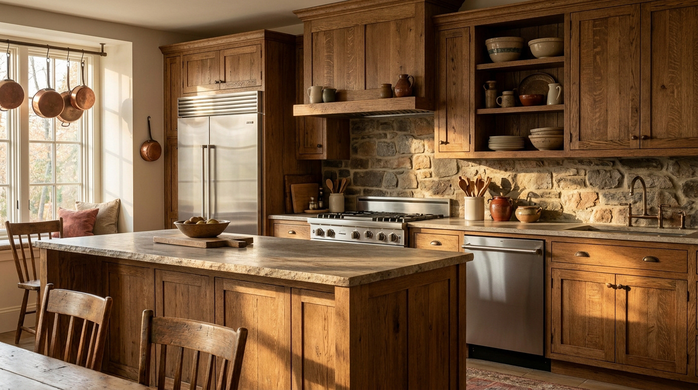 Cuisine rustique en bois massif avec crédence en pierre, îlot central et appareils modernes. Lumière naturelle chaleureuse.