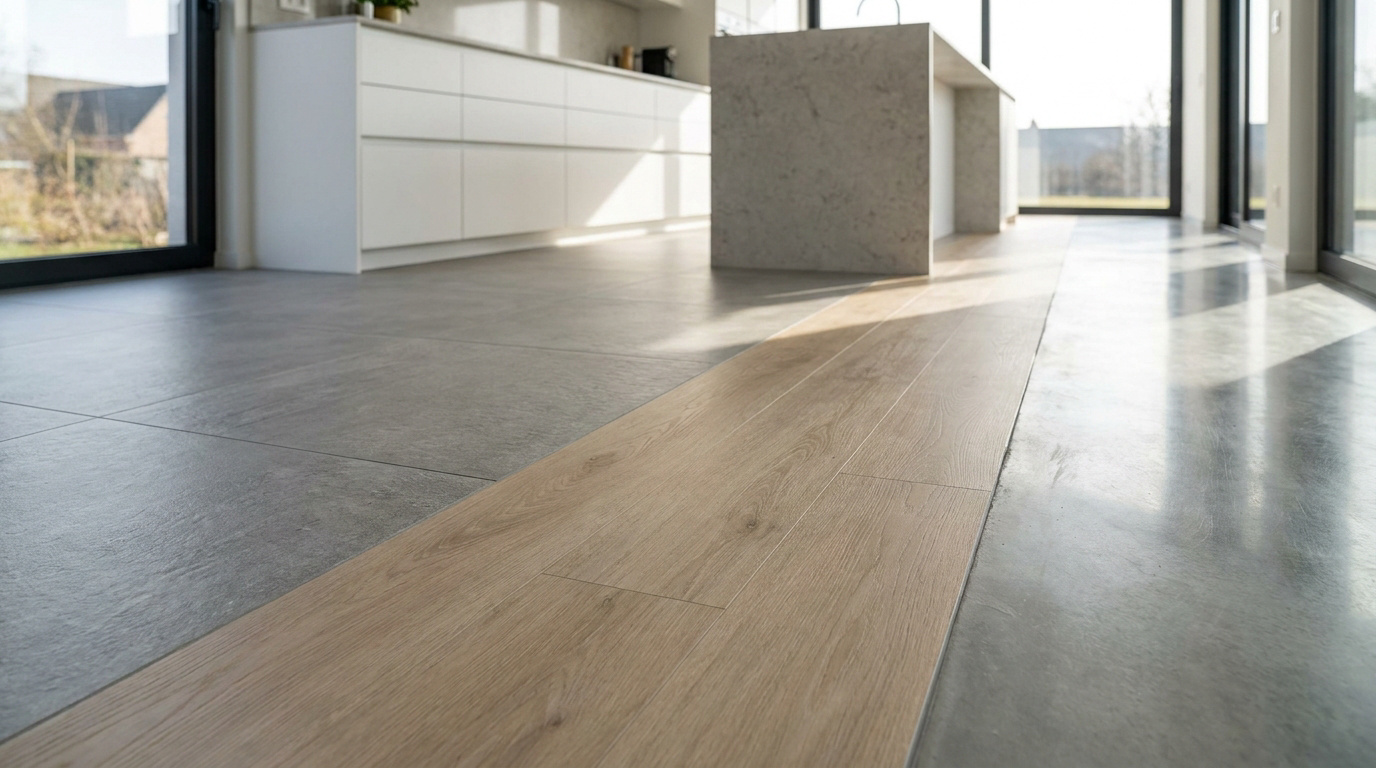 Sol de cuisine moderne montrant des dalles grises, une bande de parquet clair et un béton poli reflétant la lumière.