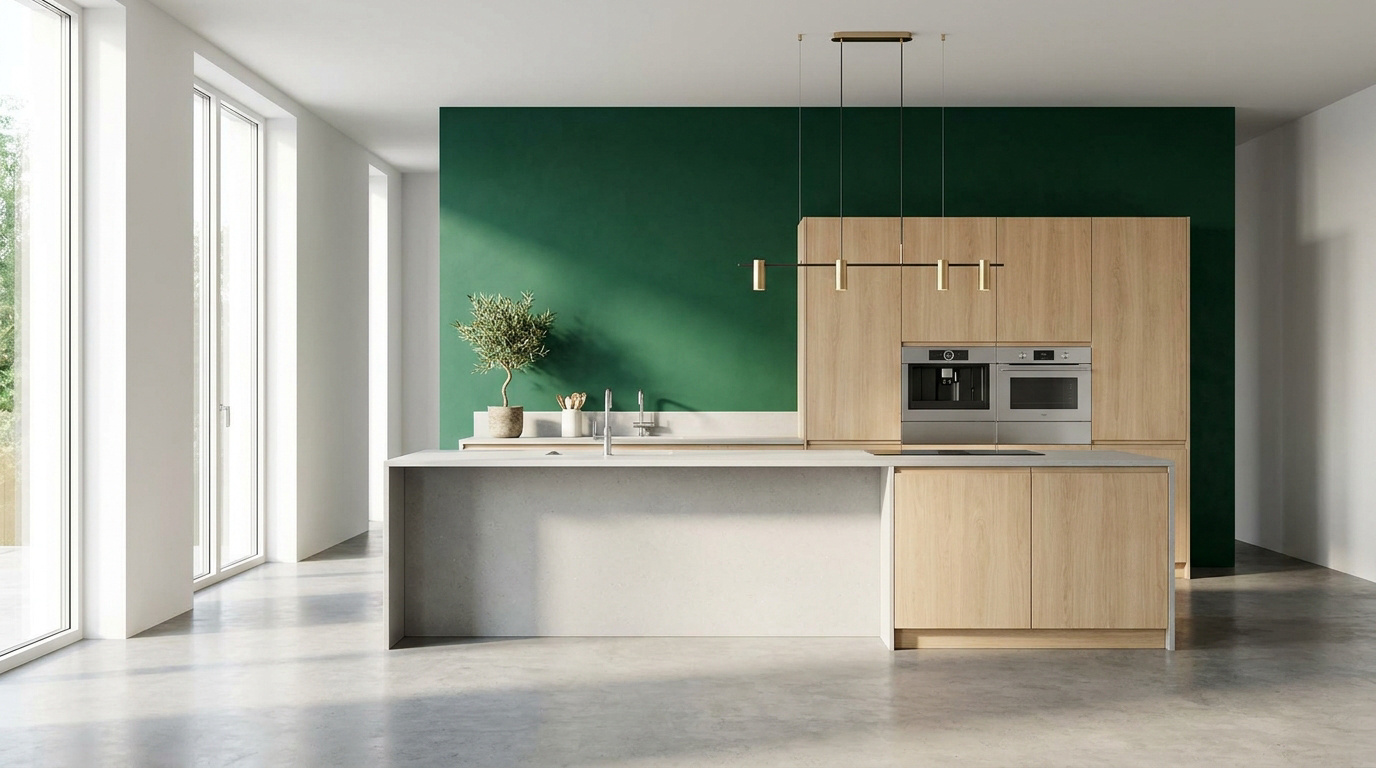 Cuisine moderne lumineuse avec mur vert foncé, armoires en bois clair, îlot central et électroménager intégré.