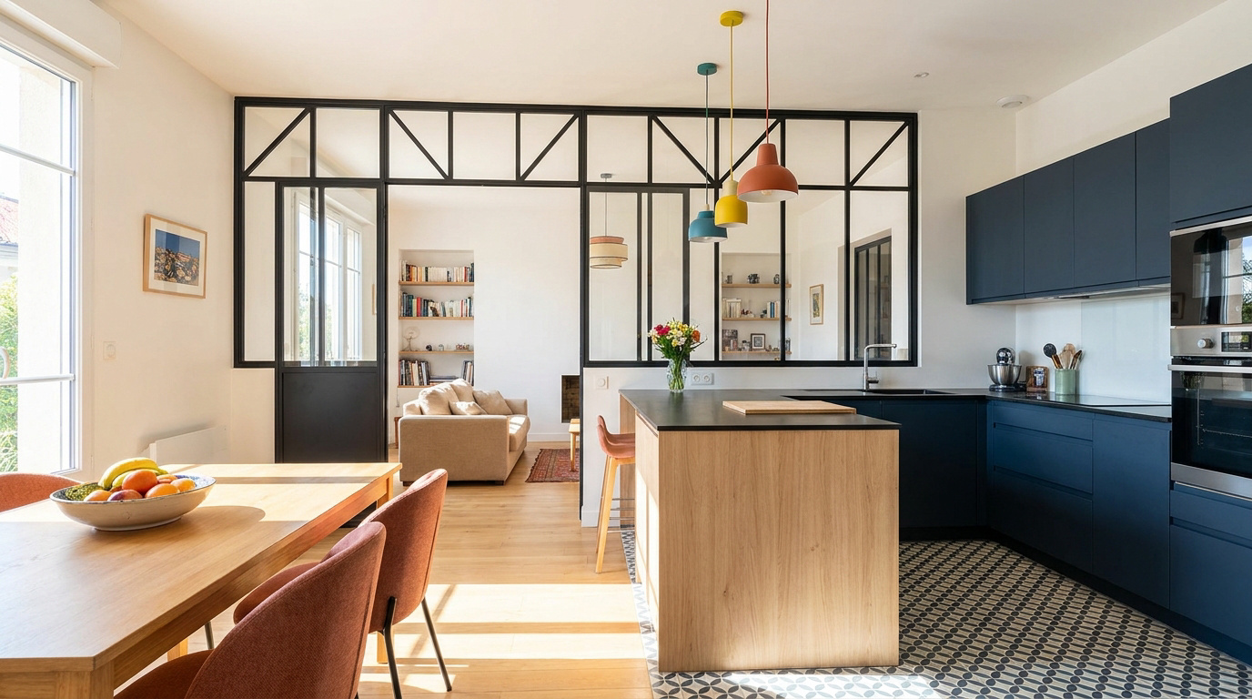 Cuisine moderne ouverte avec meubles bleus, îlot central en bois, et verrière noire séparant un salon lumineux. Sol carrelé.