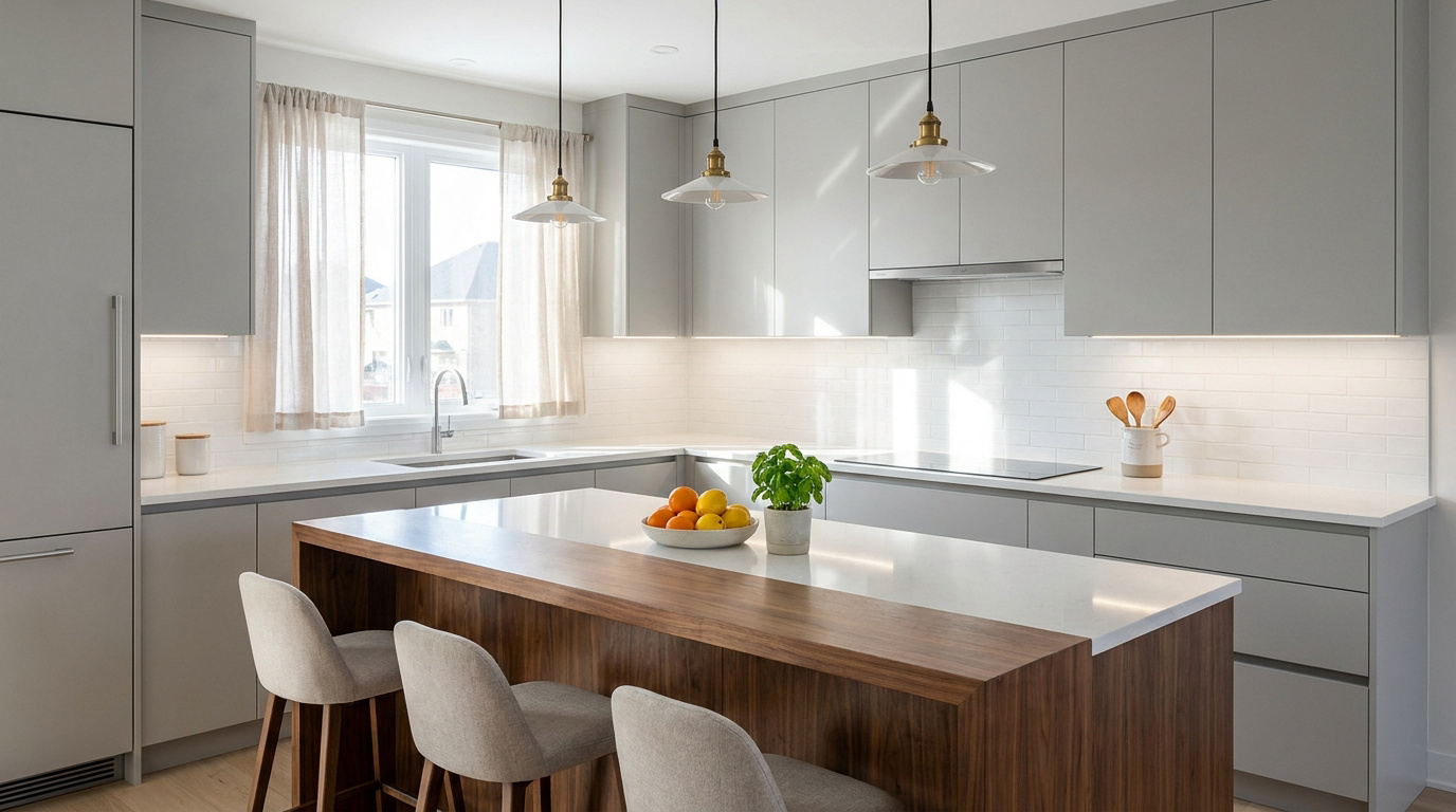 Cuisine moderne en L avec armoires grises, comptoirs blancs, îlot central en bois foncé et 3 tabourets. Fenêtre lumineuse, éclairage intégré.