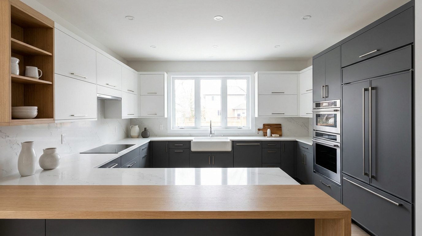 Cuisine moderne en U bicolore : armoires blanches et grises, comptoirs de quartz, îlot en bois, électroménager intégré.
