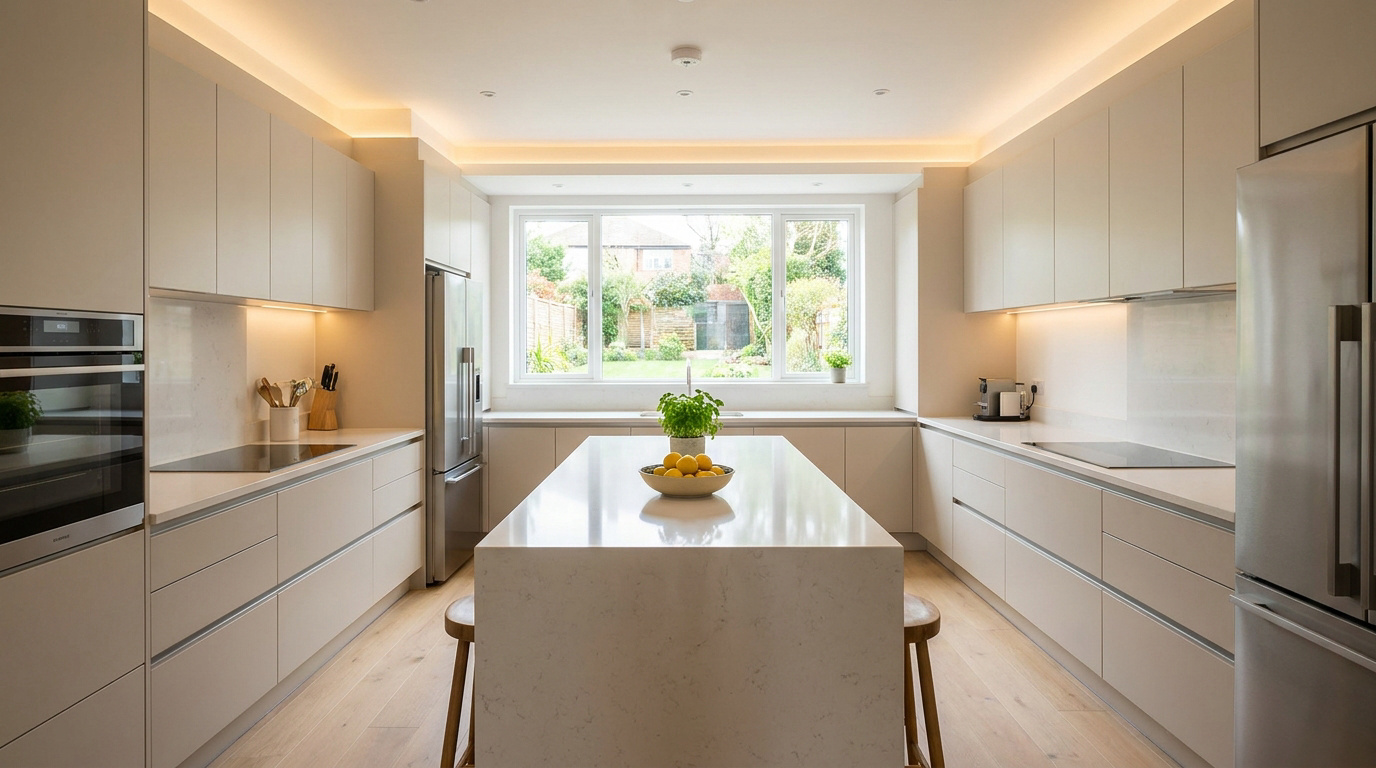 Cuisine moderne et lumineuse couleur sable, avec grand îlot central en quartz, électroménager intégré et vue sur jardin.