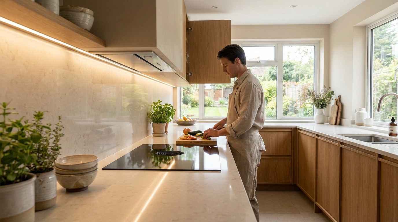 Un homme découpe des légumes sur un plan de travail clair et bien éclairé d'une cuisine moderne avec vue sur jardin.