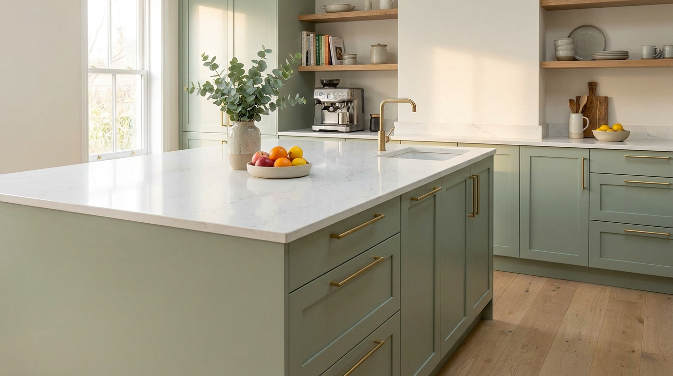 Cuisine moderne lumineuse avec îlot central vert sauge, comptoirs blancs, robinet doré, évier, bol de fruits et plantes.